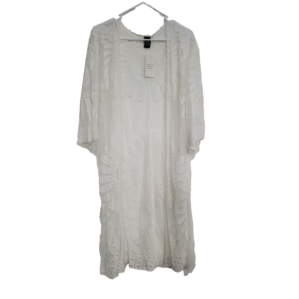 Raj Women's One Size White Embroidered Mesh Kimono Cover Up Boho Beach Bridal